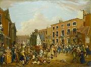 Oil on canvas painting depicting the ancient custom of rushbearing on Long Millgate in Manchester in 1821 unknow artist